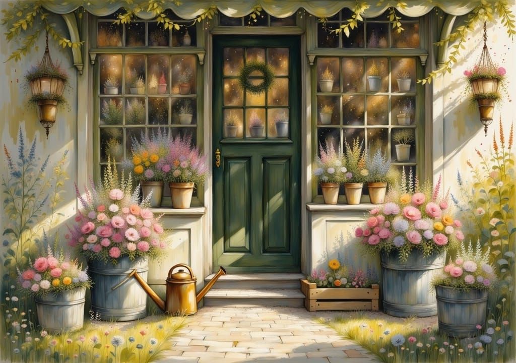 Whimsical Evening Bloom: Soft Golden Light on a Charming Old...