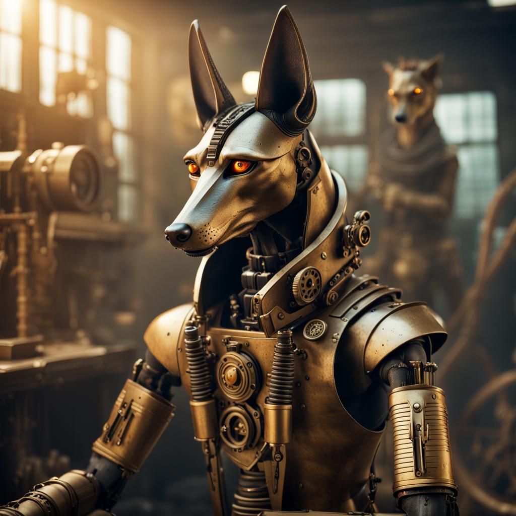 Steampunk Anubis Robot with Chainsaw in Industrial Setting
