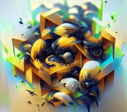 Geometric Cubist Bees Swarm in Digital Illustration