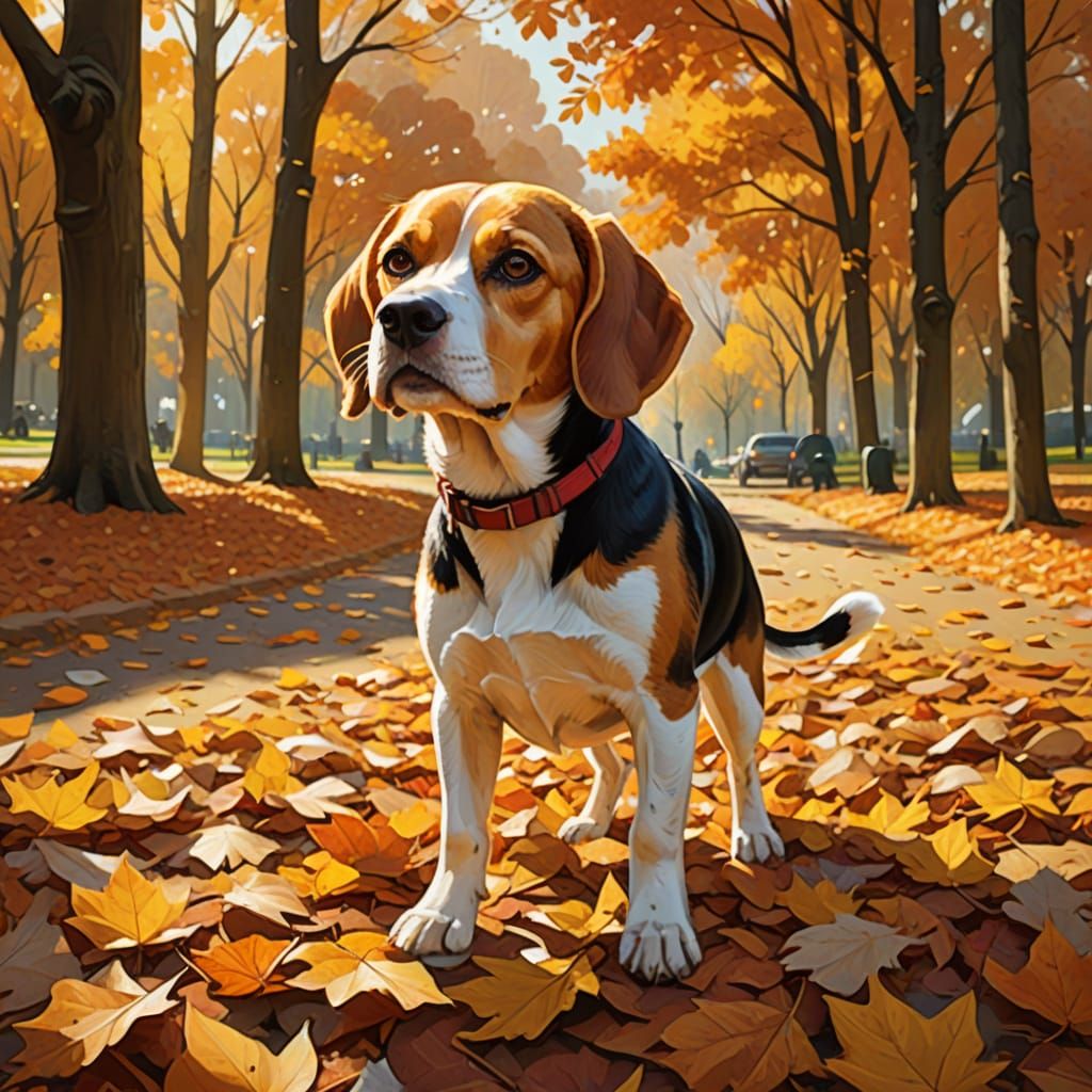 Beagle Joyfully Playing in Autumn Leaves