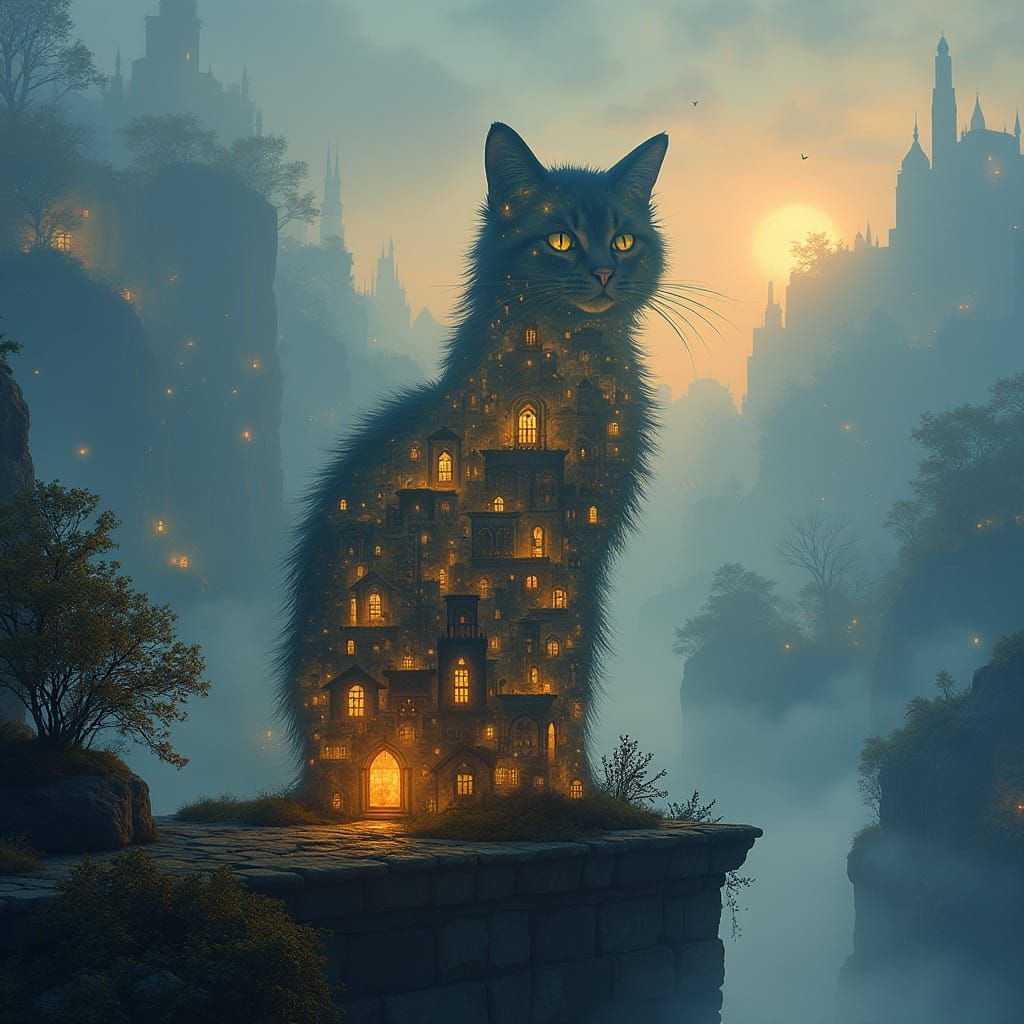 Romantic Cityscape Cat Silhouette