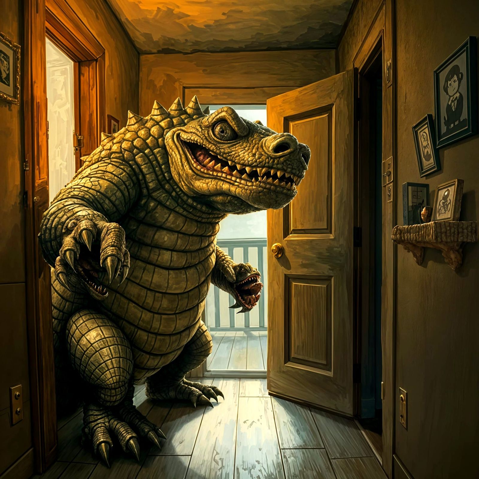 Friendly Monster Knocks on Bedroom Door in Whimsical Style