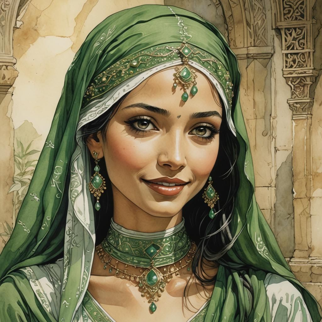 Green Portrait of Arabian Princess in Comic Book Style