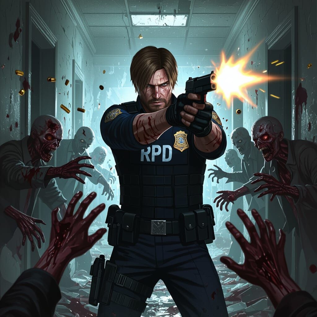 Leon S. Kennedy Fights Zombies in Ruined Hallway