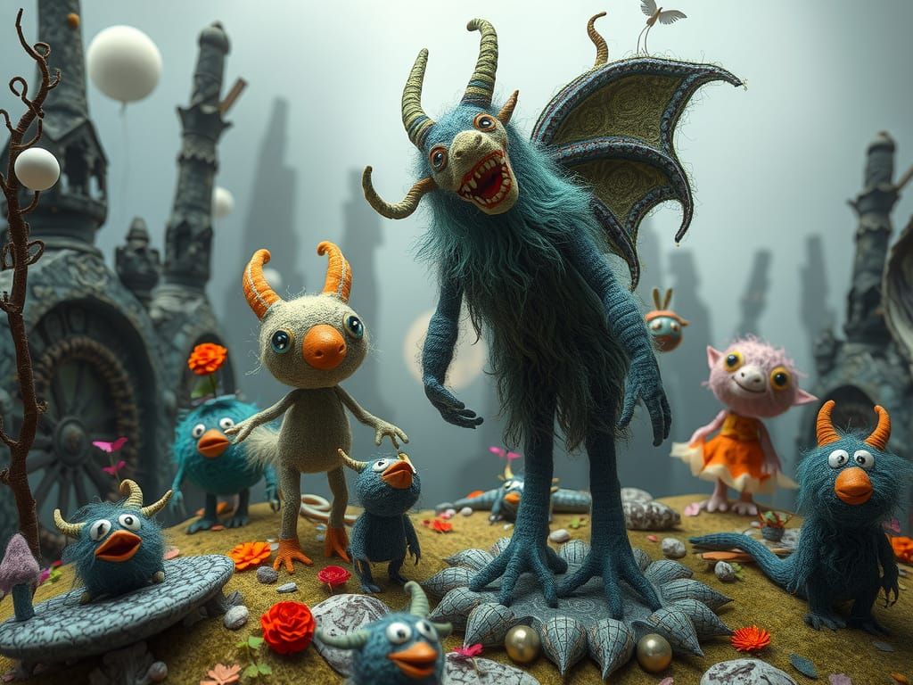 Wooly Felted Creatures in Surreal Dystopia