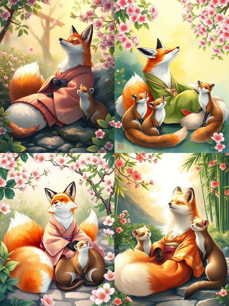 Kitsune Fox in Japanese Garden, Watercolor Style