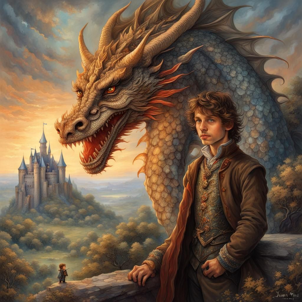 Prince and Dragon Overlooking Castle, in Fantasy Art Style