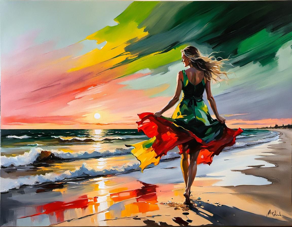 Baltic Sunset: Silhouette of Lithuanian Woman in Gouache