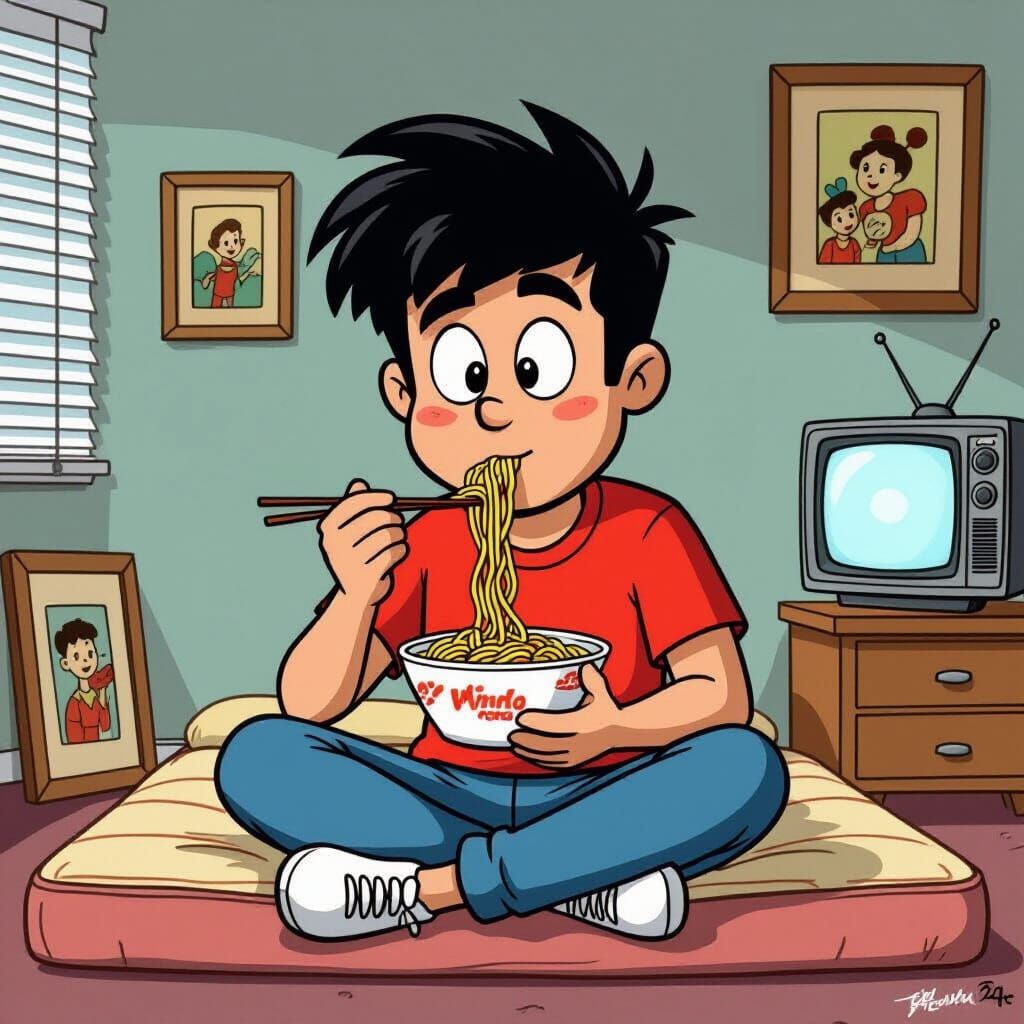 1960s Hanna-Barbera Style Everyman Eating Noodles