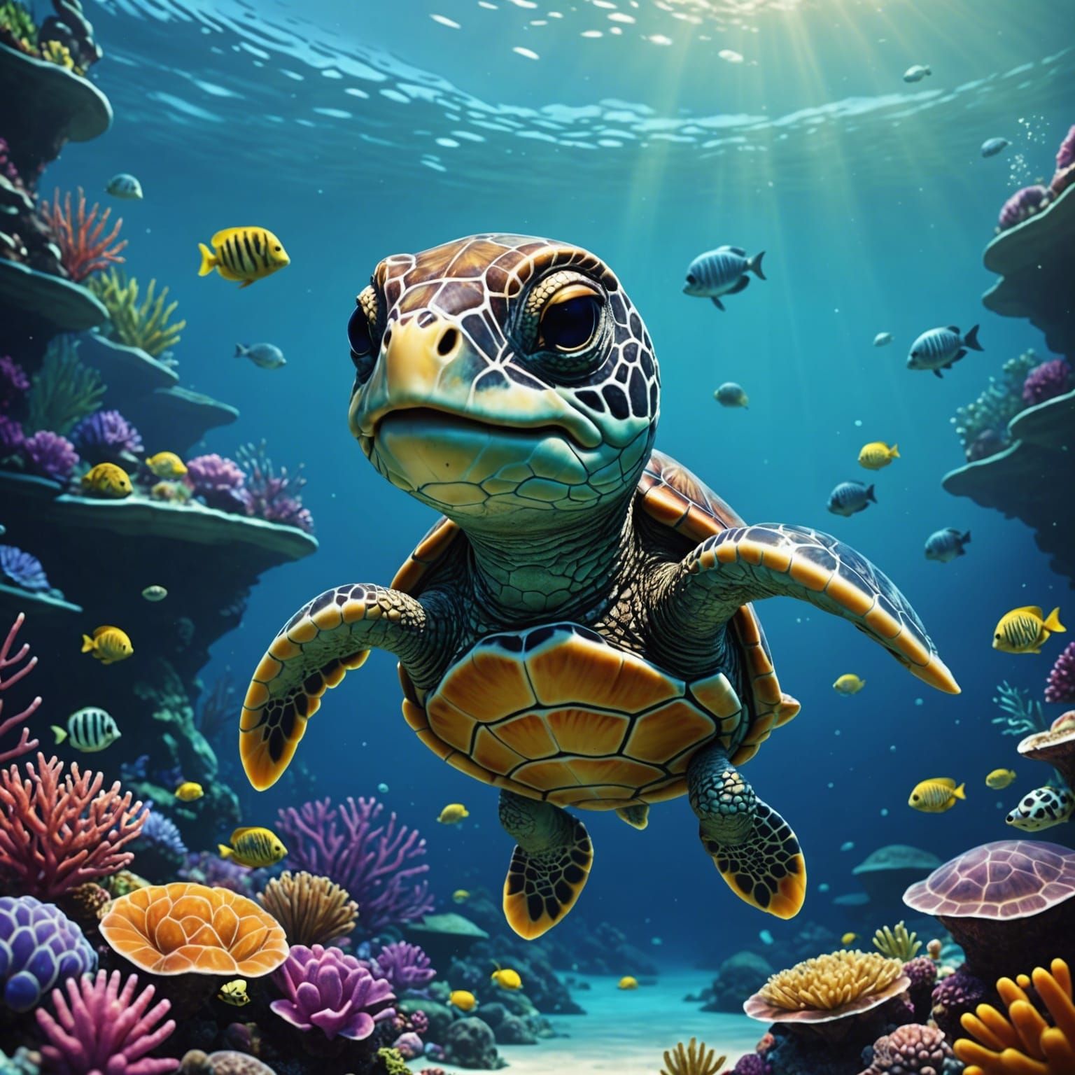 Adorable Chibi Turtle in Ocean Reef, Detailed Painting