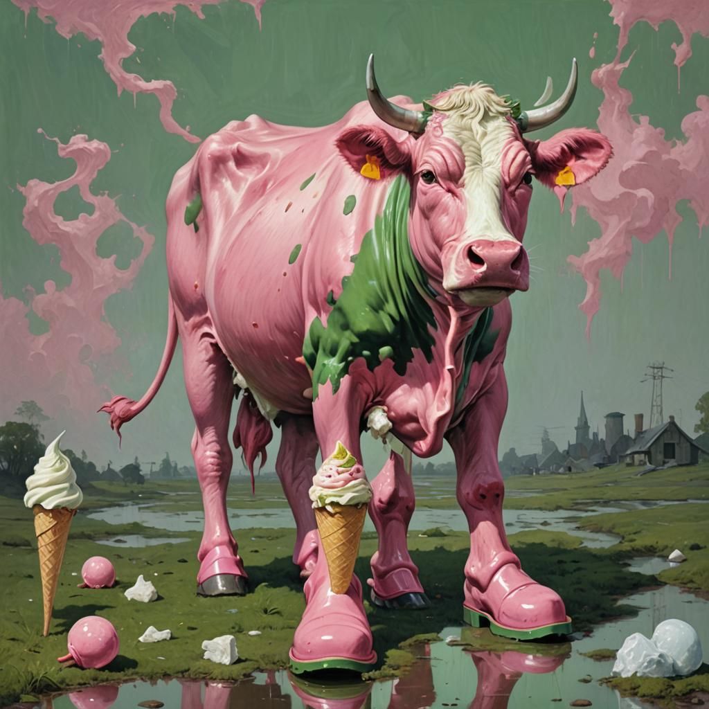 Pink Cow in Wellies: Abstract Horror Art