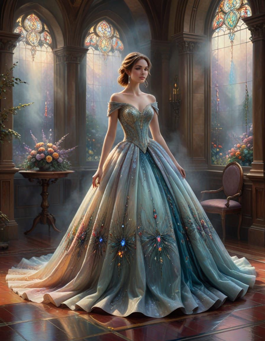 Stained Glass Ballgown in Opulent Gothic Hall