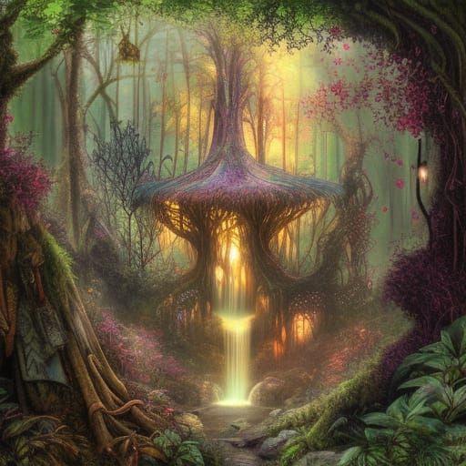 Enchanted Forest with Illuminated Waterfalls and Treehouses