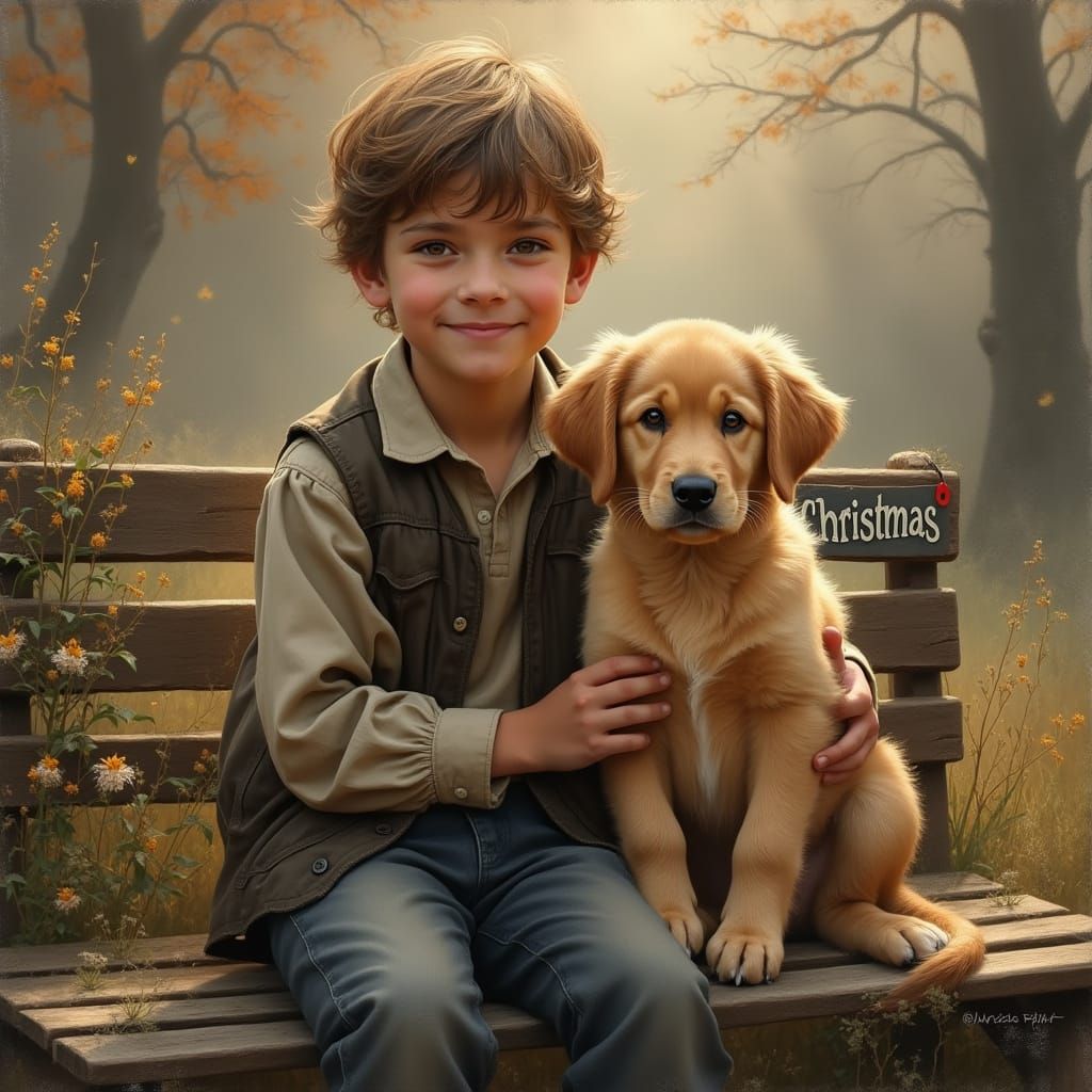 Christmas Scene: Boy and Golden Retriever Puppy Oil Painting