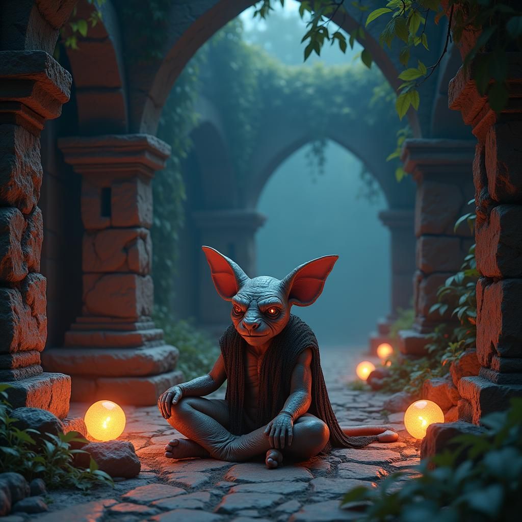 Mystical Kobold in Ancient Ruins, Photorealistic Fantasy
