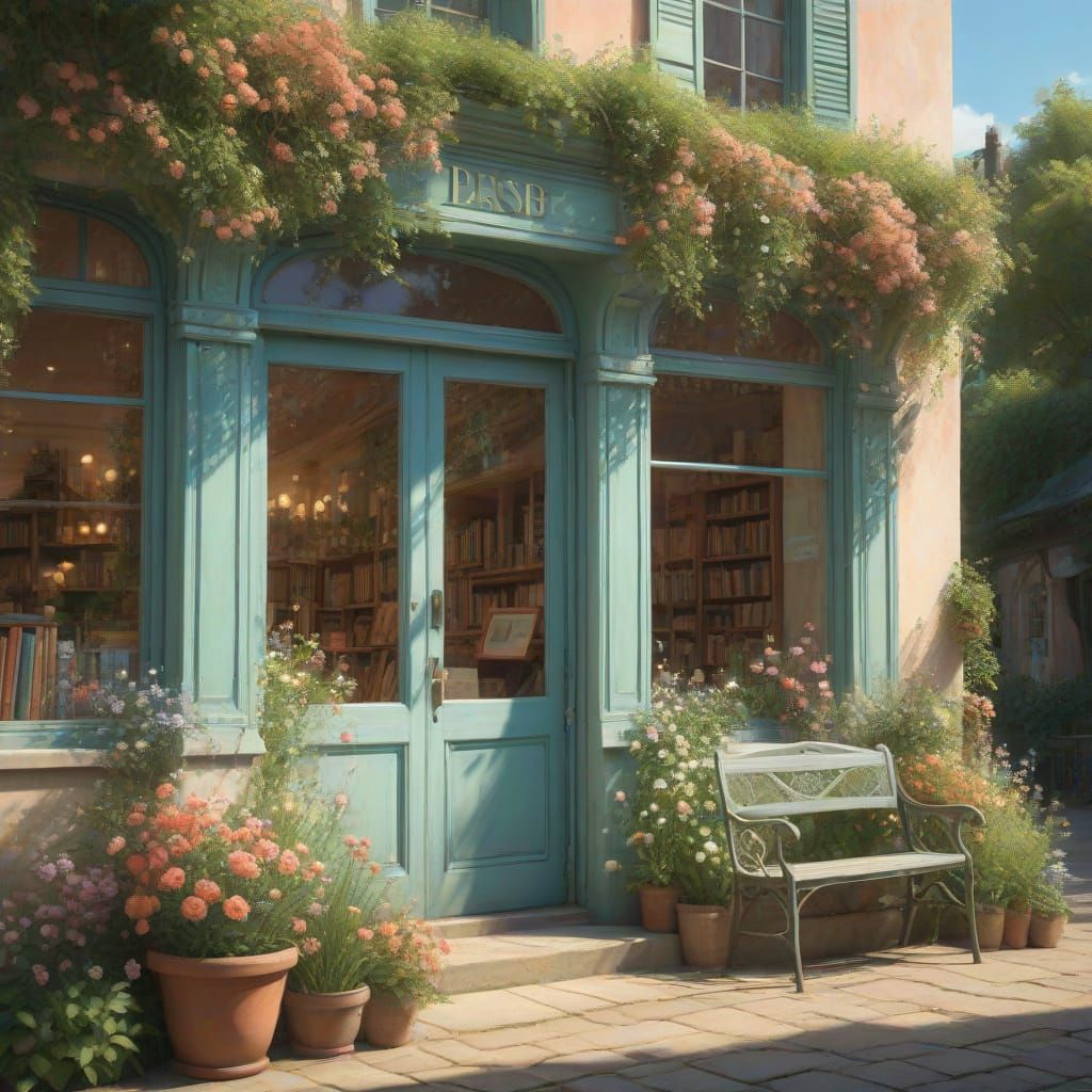 Whimsical Bookshop Facade in Soft Pastel Hues