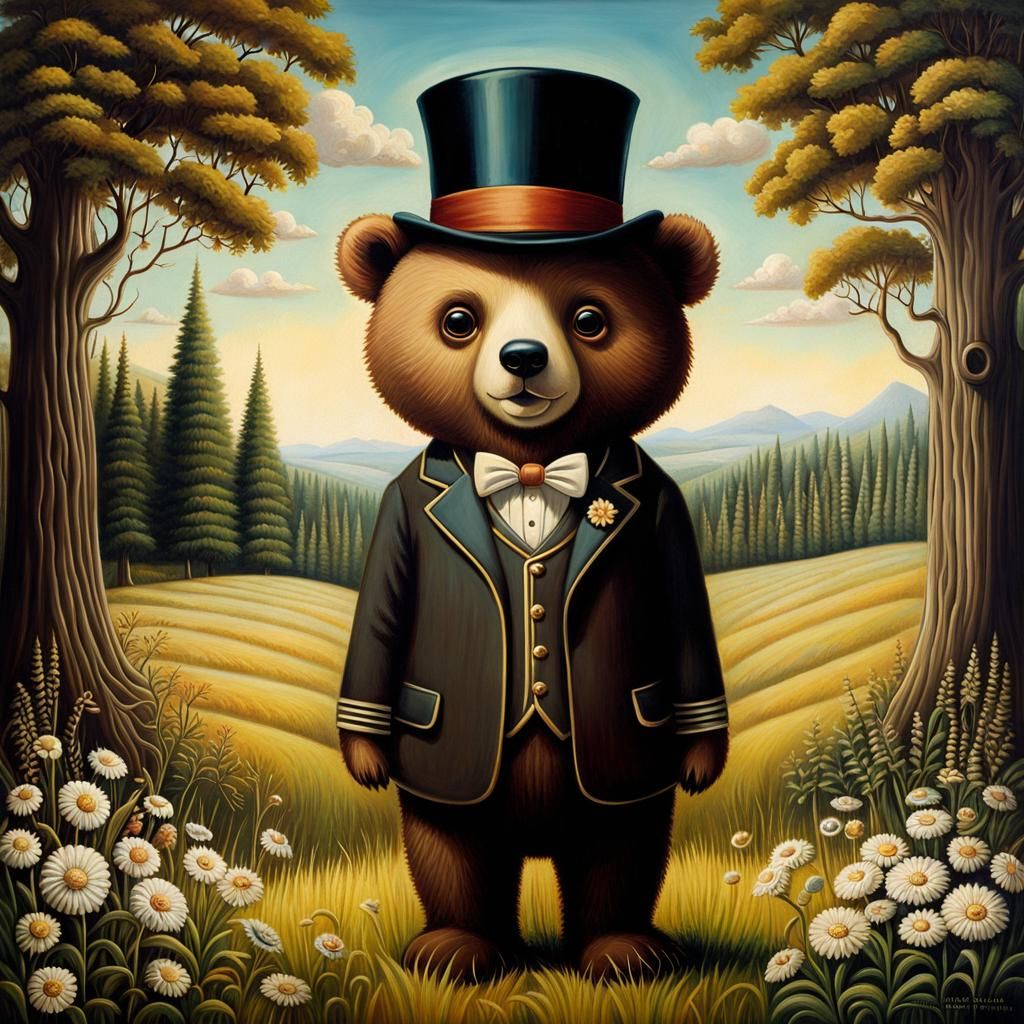 Bear in Meadow with Top Hat: Oil Painting