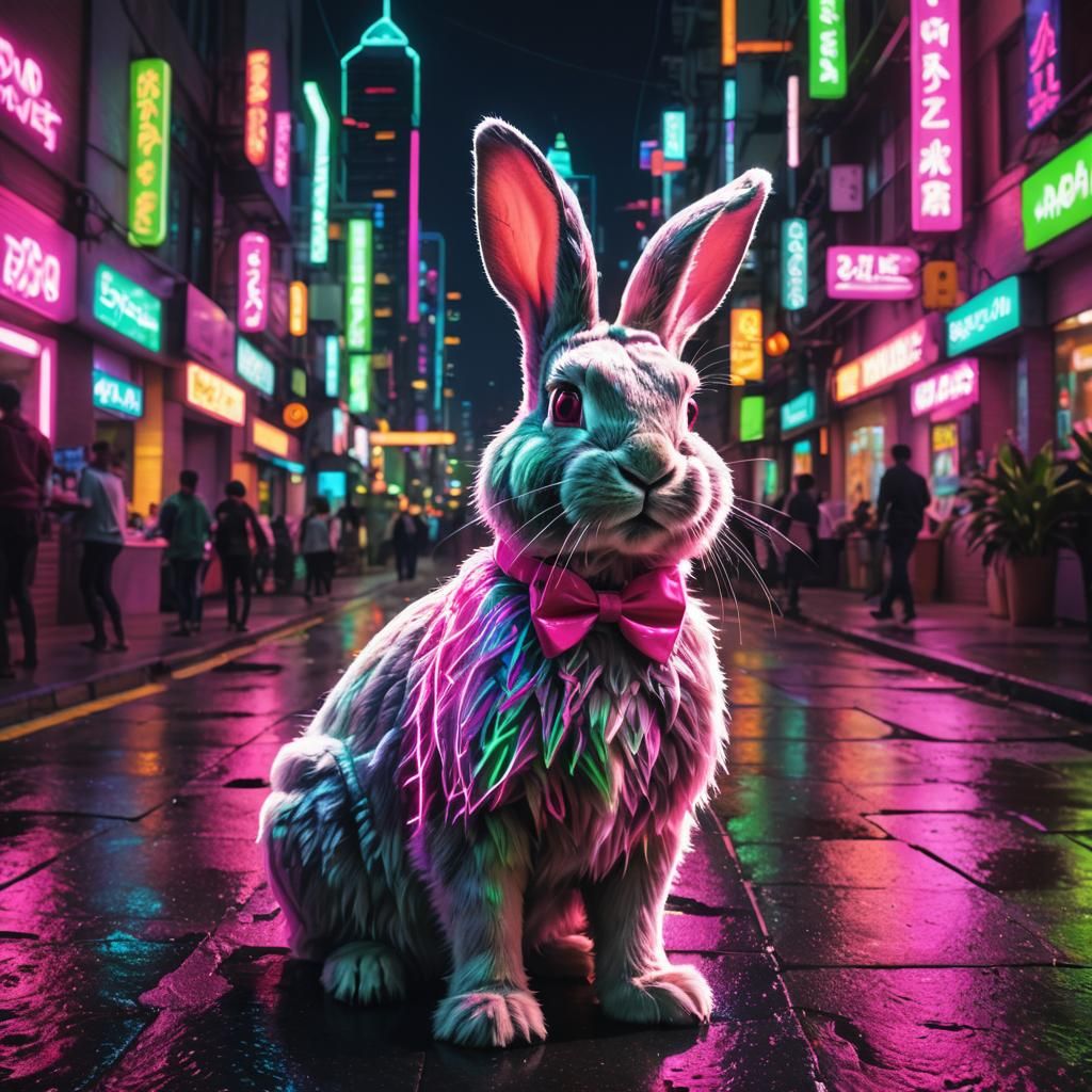 Rabbit in Neon Cityscape, Electric Dreams Art