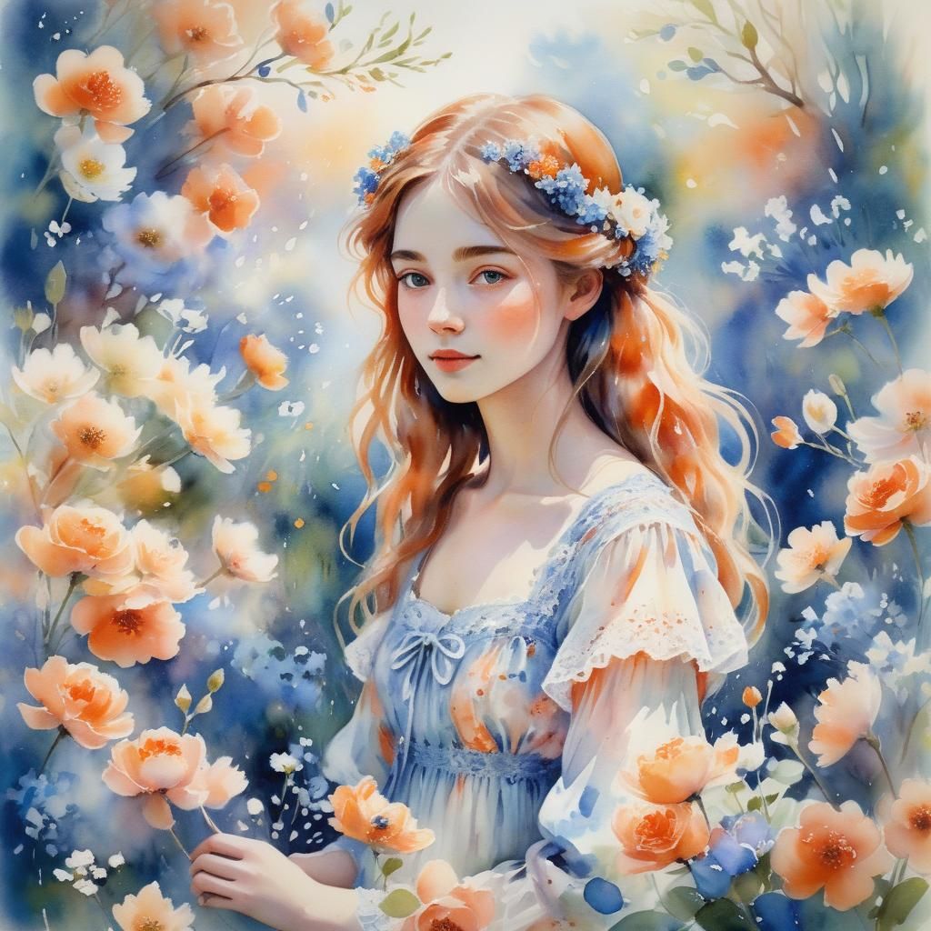 Impressionistic Girl Surrounded by Swirling Garden Flowers