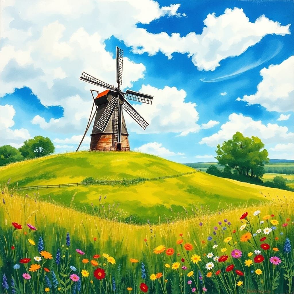 Picturesque Windmill in English Countryside: Impressionist S...