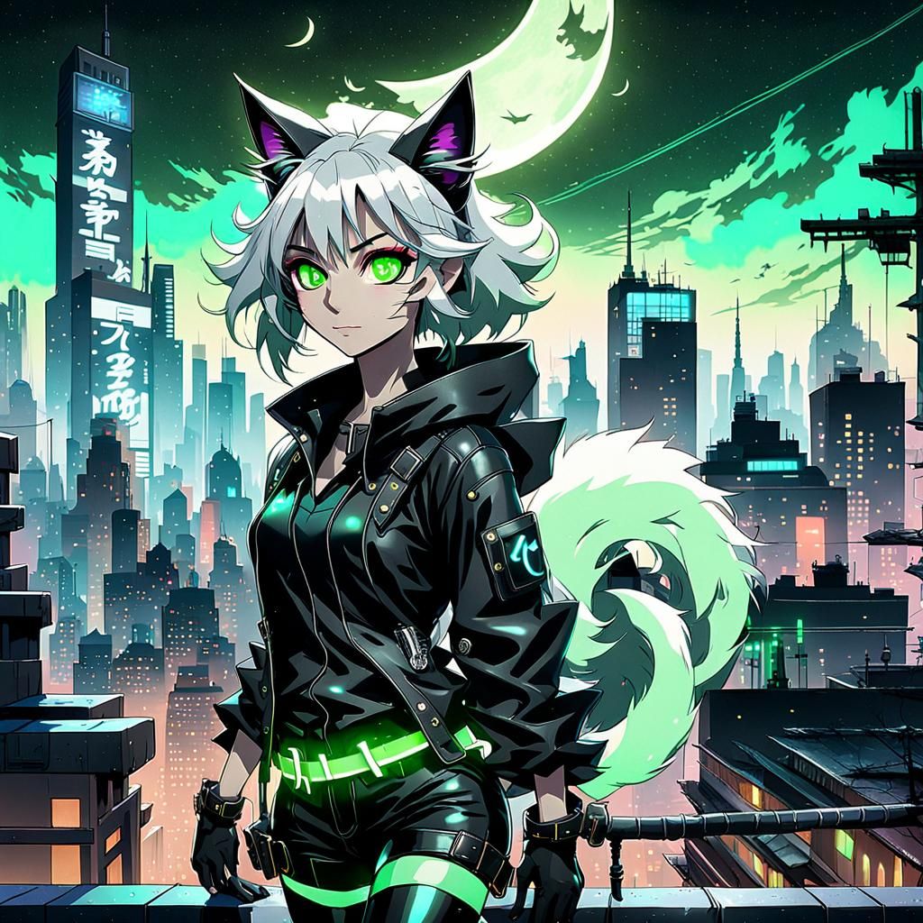 Anime Cat Girl on Rooftop in Neon Cityscape
