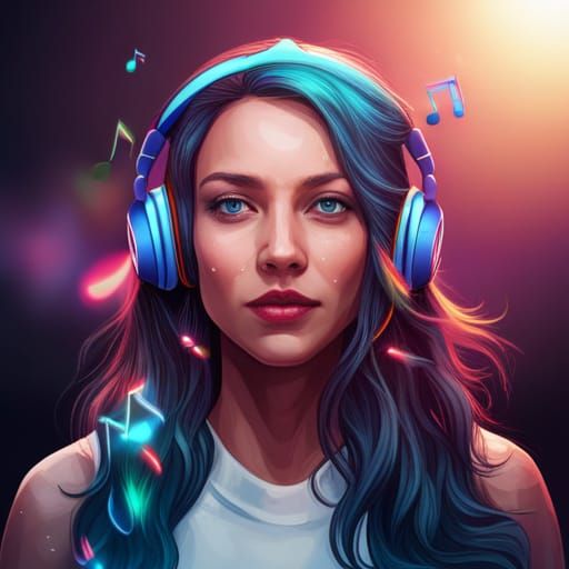 Girl with Headphones Surrounded by Music Notes