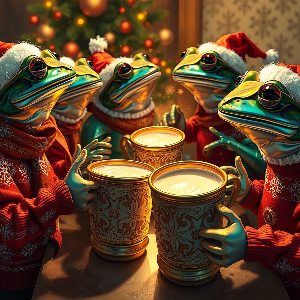Festive Metallic Frogs Celebrate Christmas in Hyperrealism