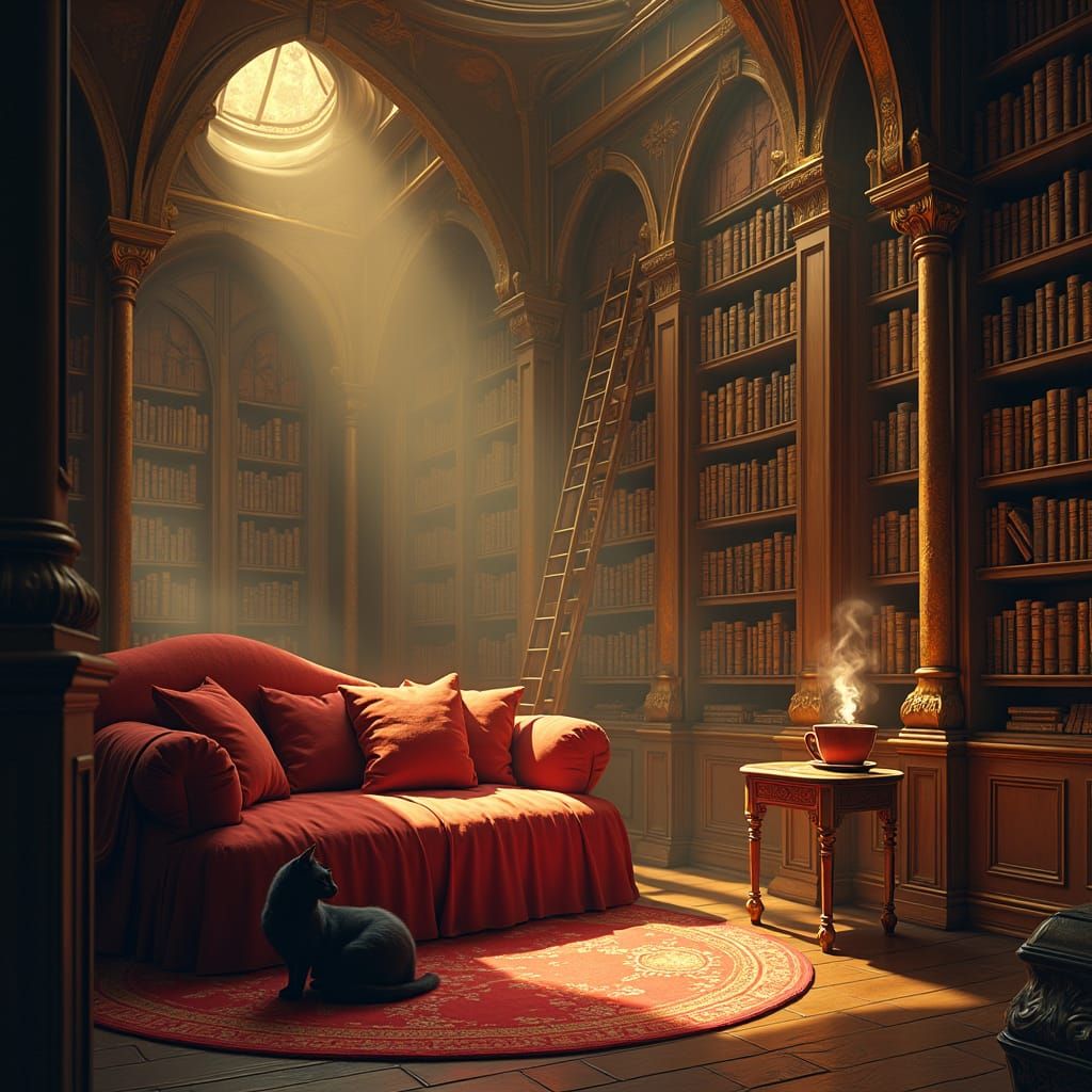 Mystical Library with Lounge, Digital Art