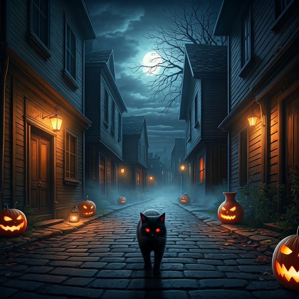 Eerie Black Cat in Foggy Halloween Landscape