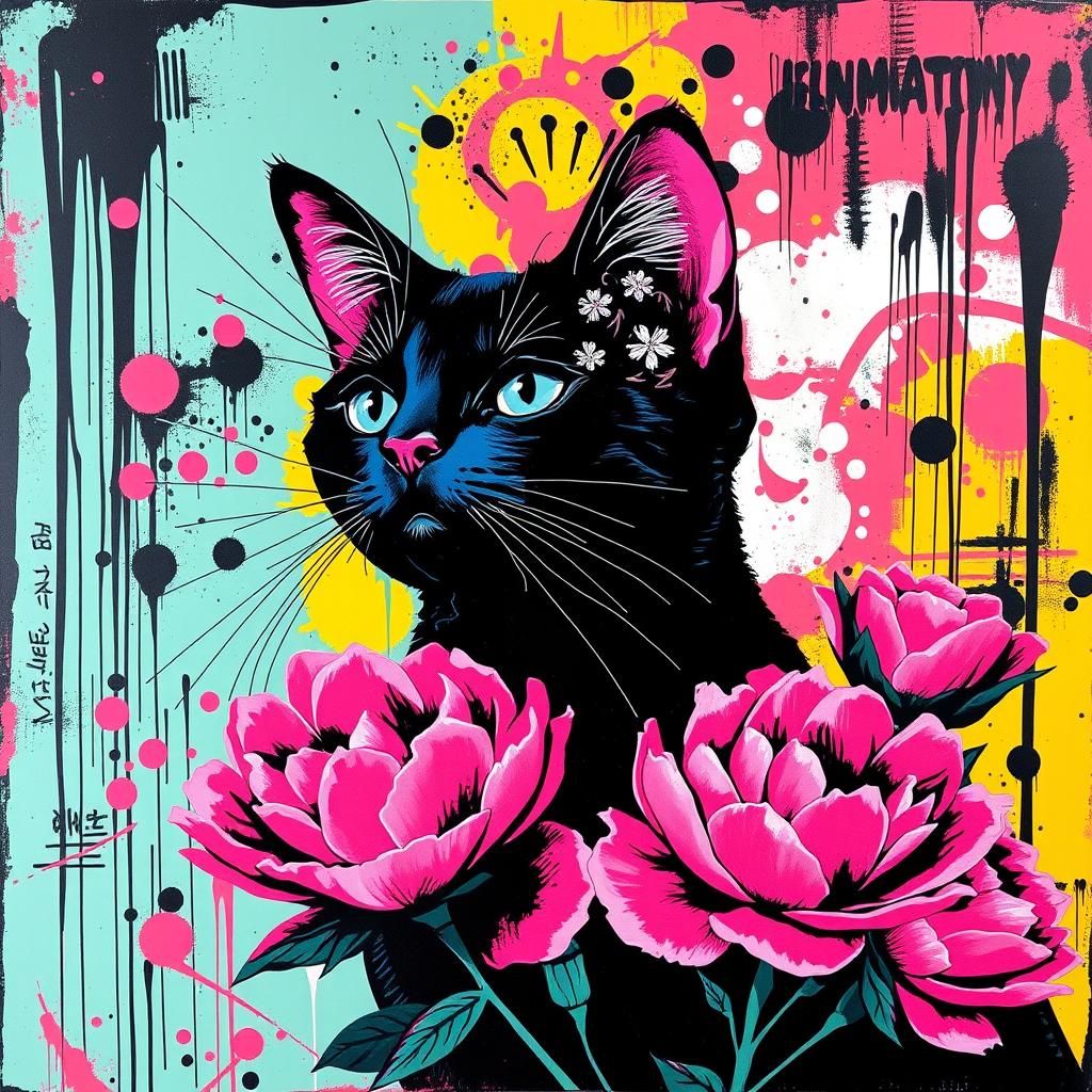 Pop Art Cat with Peonies in Warhol Style