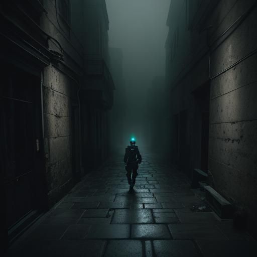 Mysterious Figure in Abandoned Alleyway: Cinematic Still