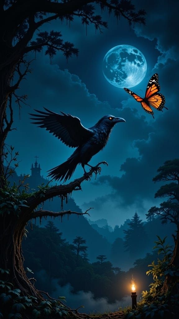 Crow Chasing a Butterfly