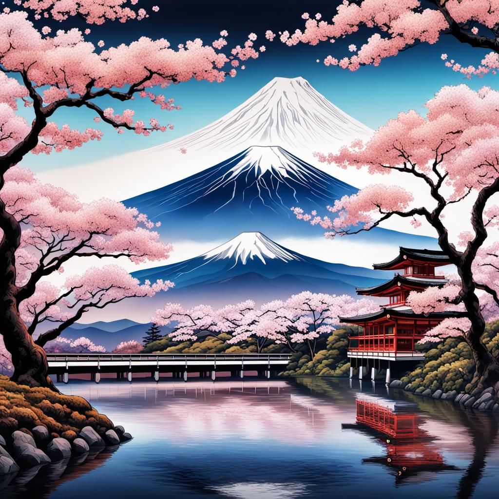 Mount Fuji Cherry Trees in Ukiyo-e Style