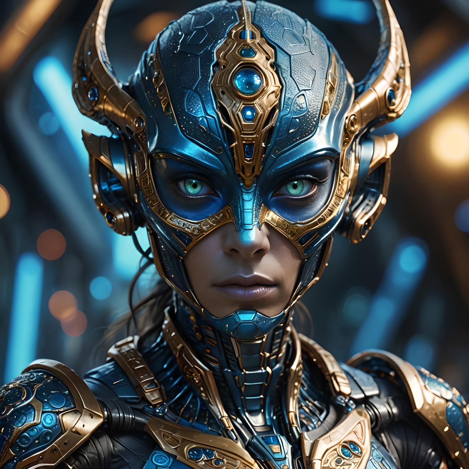 Hyperrealistic Blue Alien Woman with Golden Eyes