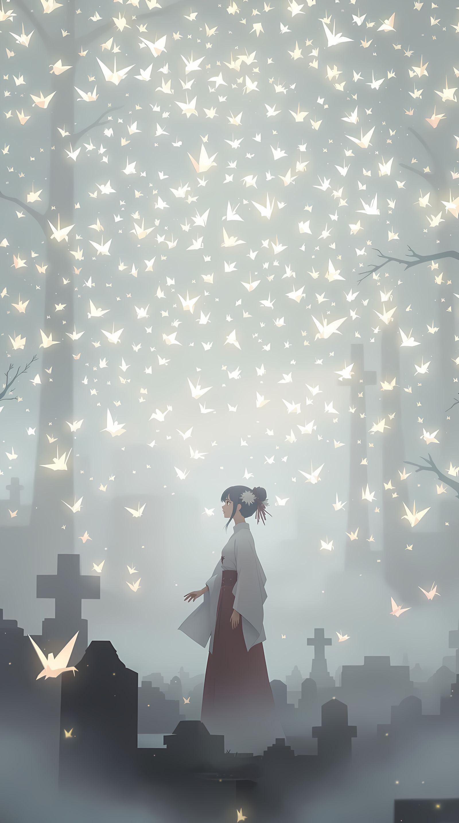 Ethereal Shrine Maiden Amidst Glowing Origami Cranes