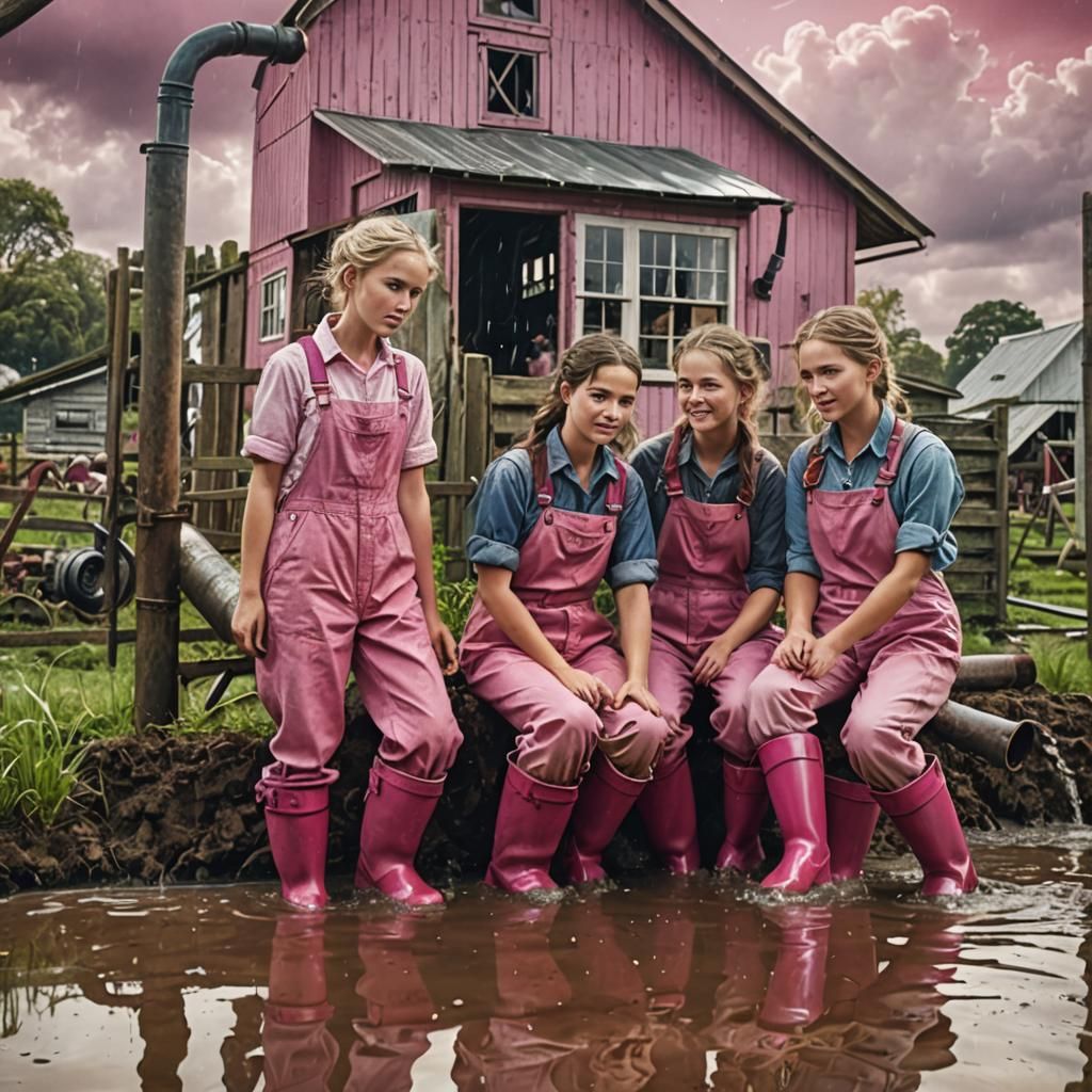 Flooded Farm Girls in Pink: Detailed Matte Painting