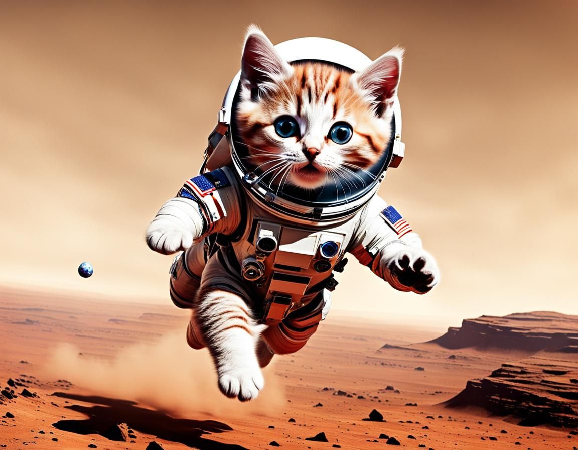 Kitten Parachuting onto Mars in Spacesuit