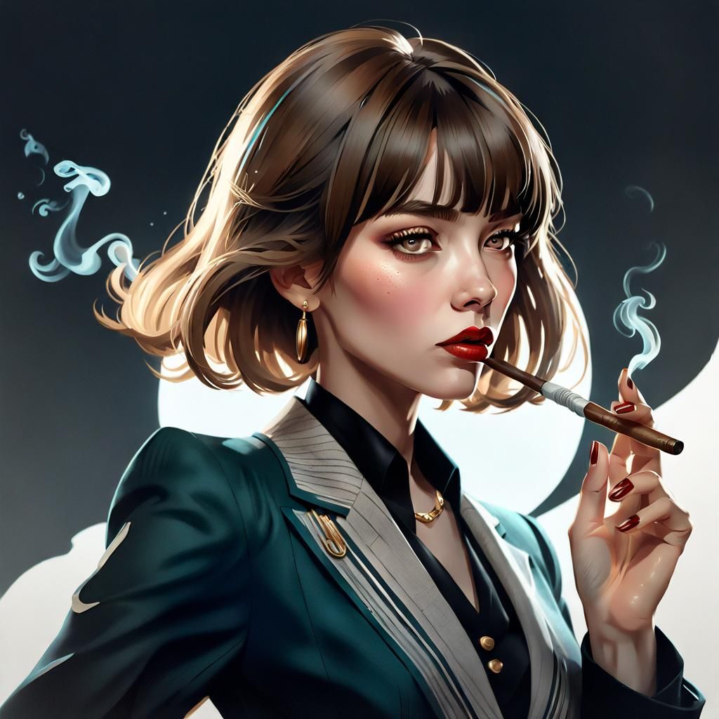 Elegant Woman with Tobacco Pipe in Art Nouveau Style