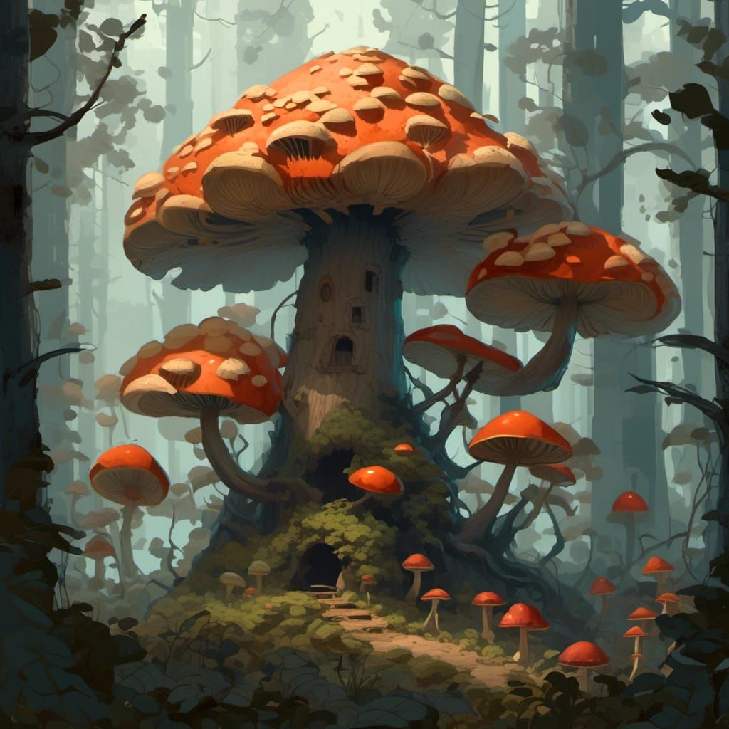 Giant Multibranched Mushroom in Gloomy Forest Illustration