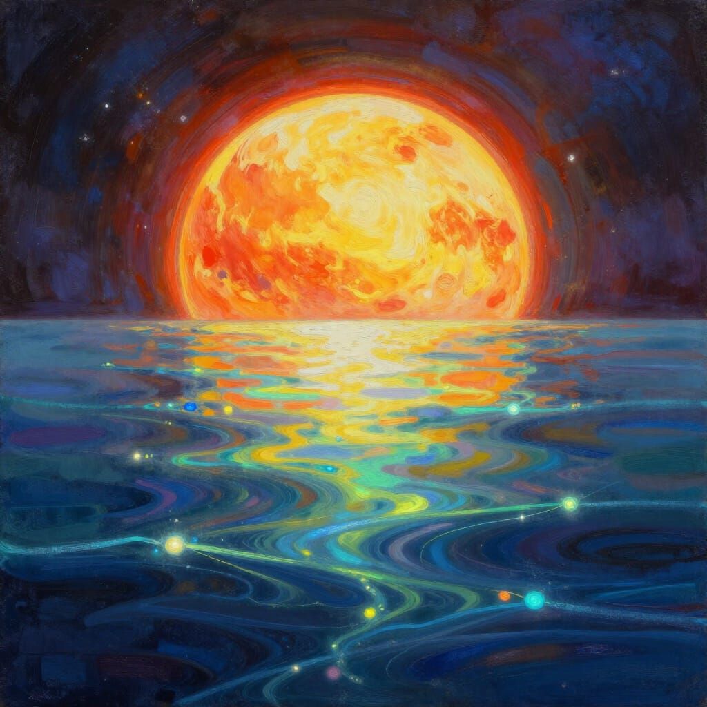 3D Cosmic Landscape with Sun and Bioluminescent Water