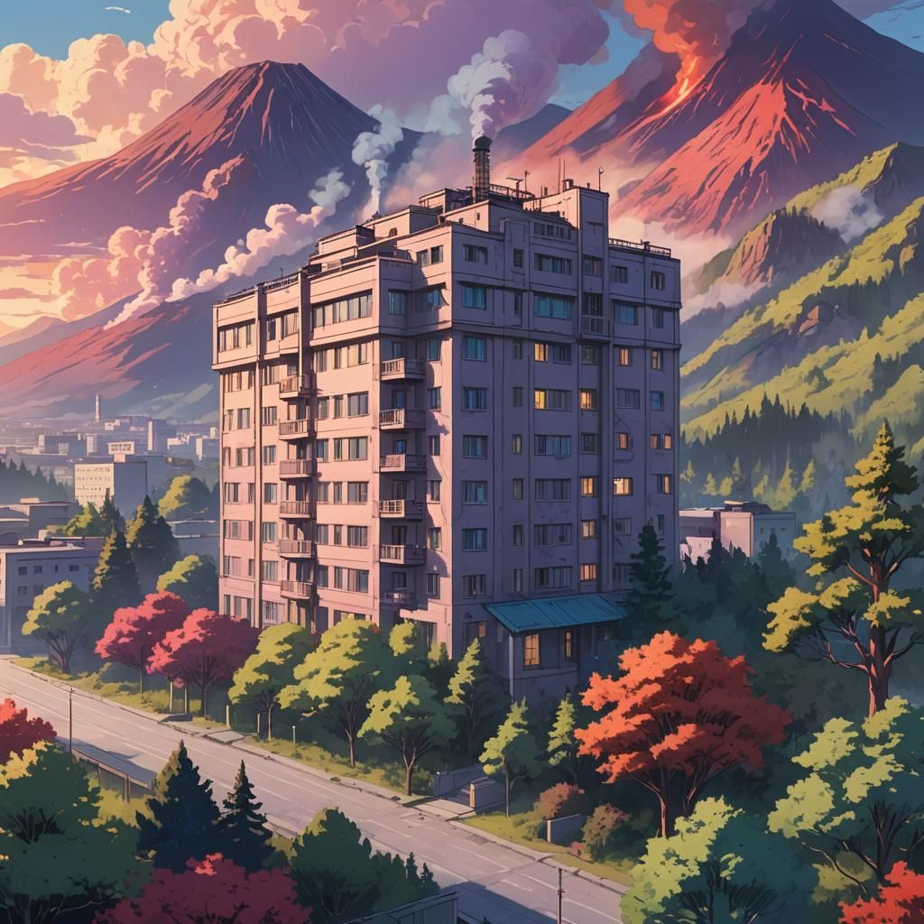 Anime Landscape with Soviet Building and Volcano