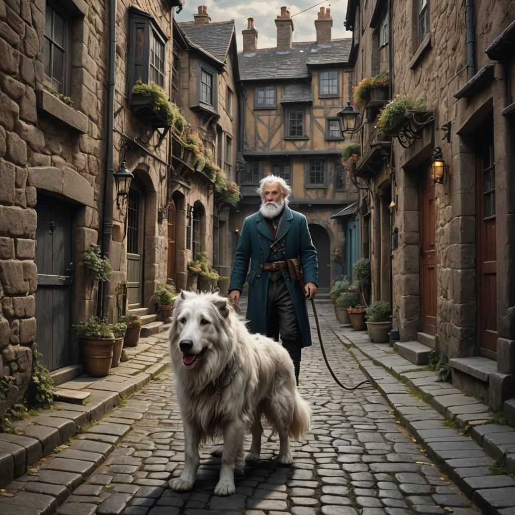 Man and Borzoi Dog in Cobbled English Alley