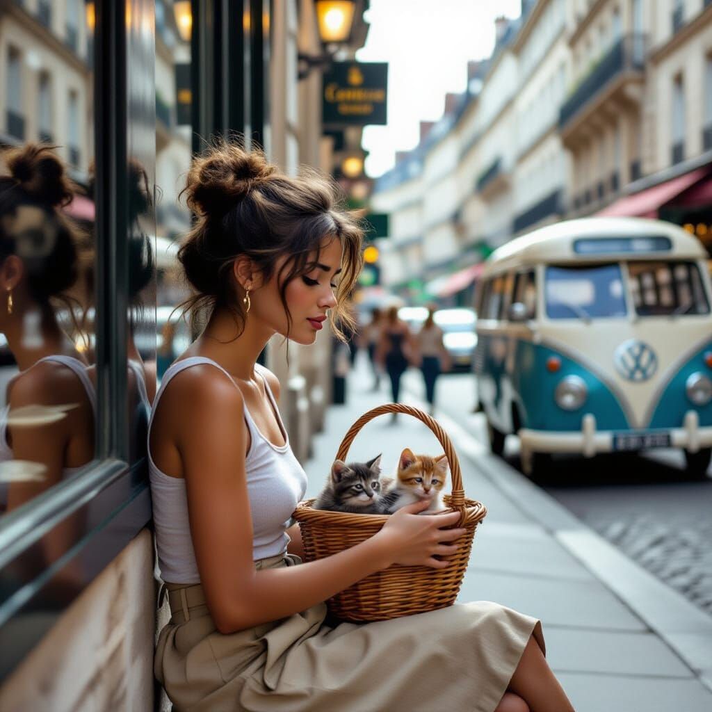 Parisian Woman with Kitten in 1970s Sunlight