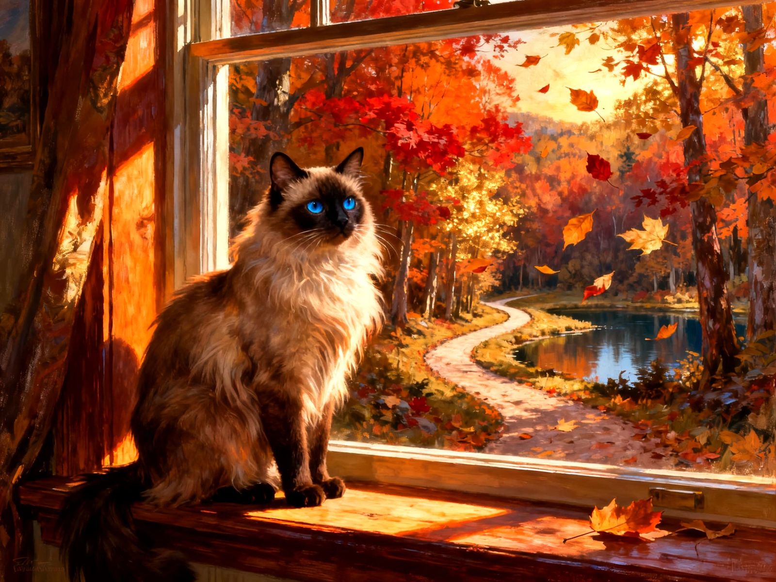 Majestic Siamese Cat in Fall Window Scene