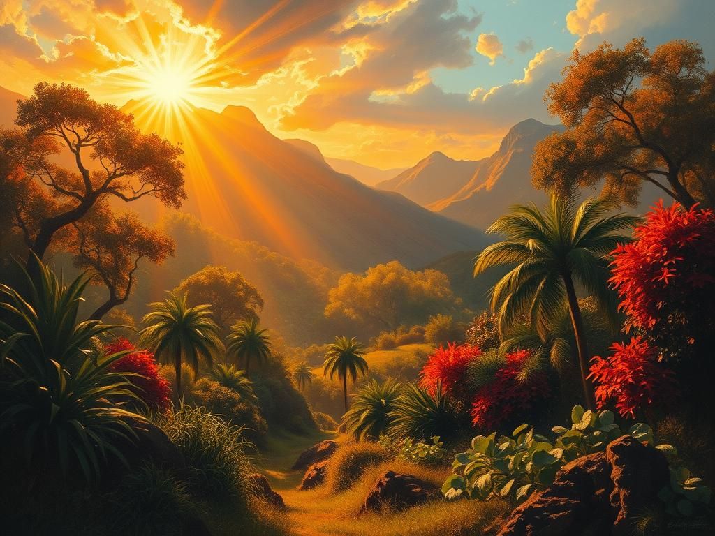 Dreamlike Landscape with Golden Light and Lush Foliage
