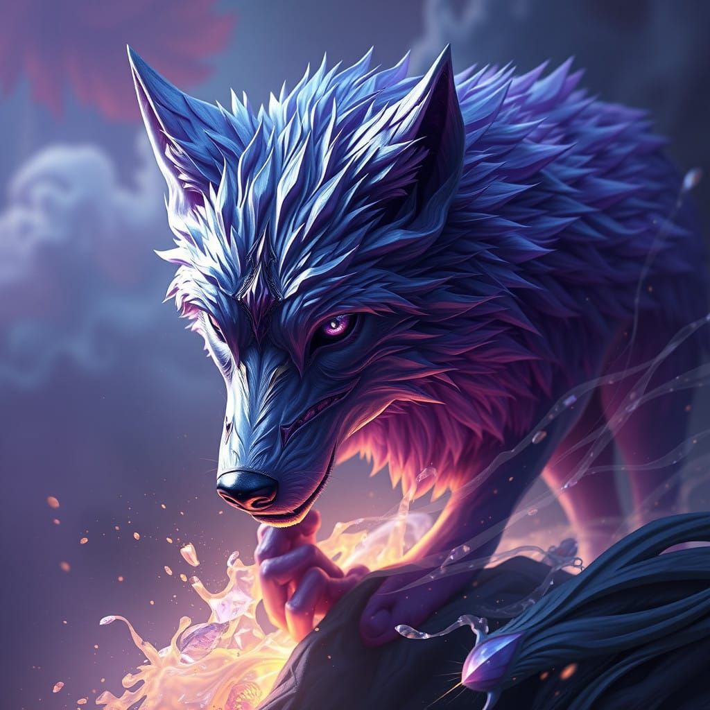 Sapphire and Amethyst Wolf in Deep Fantasy Landscape