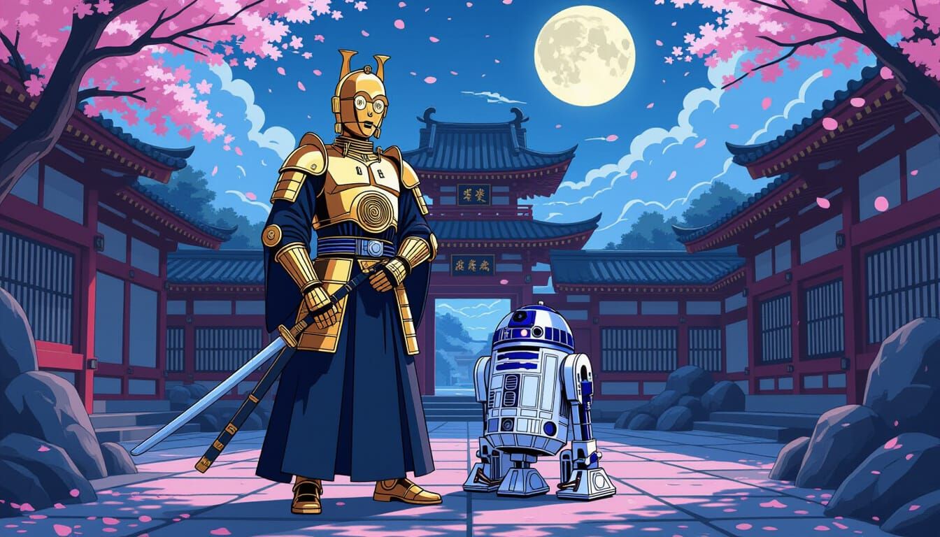 Samurai C-3PO and R2-D2 in Anime Style