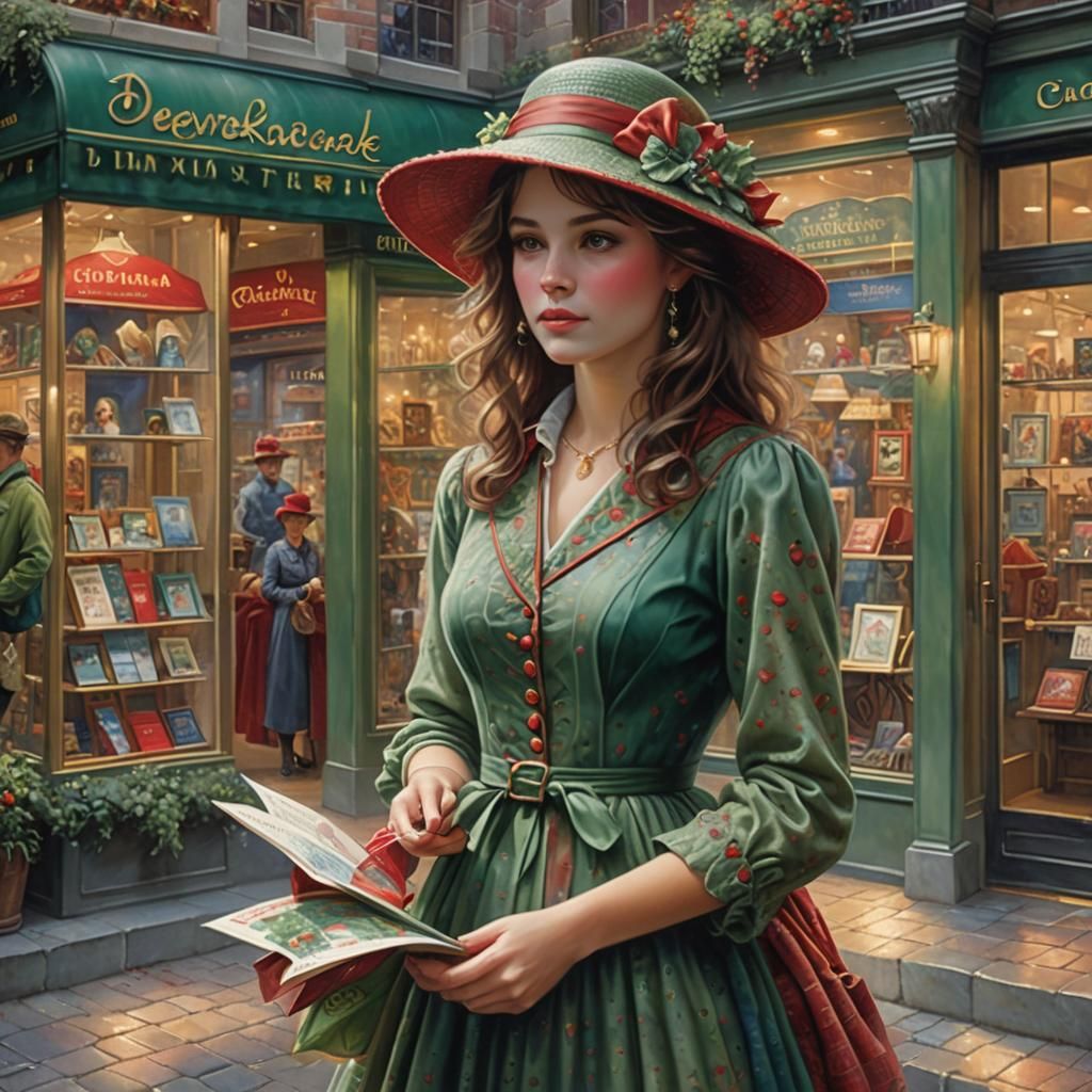 Woman in Plaid Dress at Shop Window