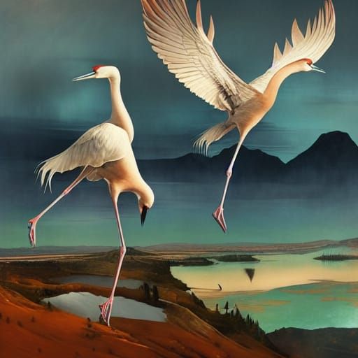 Sunset Landscape with Cranes in Flight