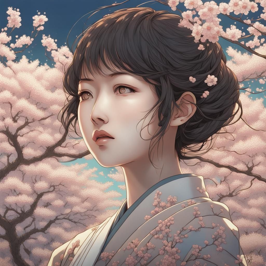 Intricate Portrait with Cherry Blossom Details